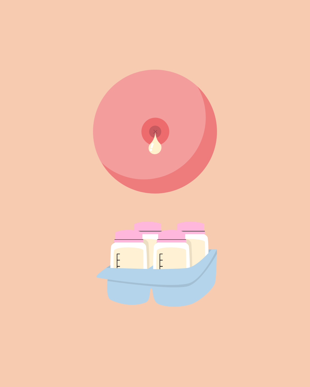 Illustration of a large, pink, closed human female breast with a nipple at the center, and a container with three small bottles of baby formula at the bottom.