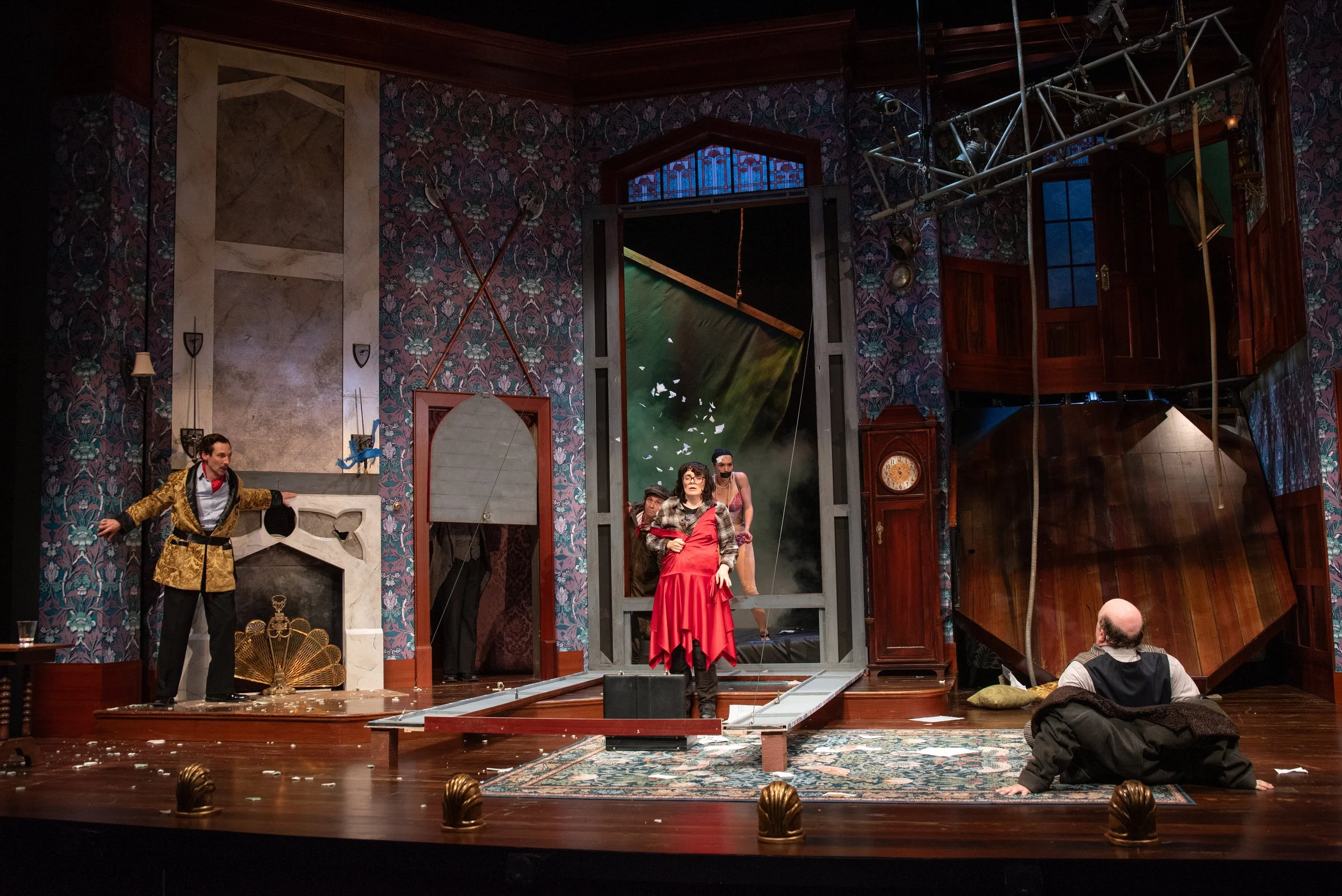 Members of the Cast of The Play That Goes Wrong (2025) at Seattle Rep. Photo by Bronwen Houck.