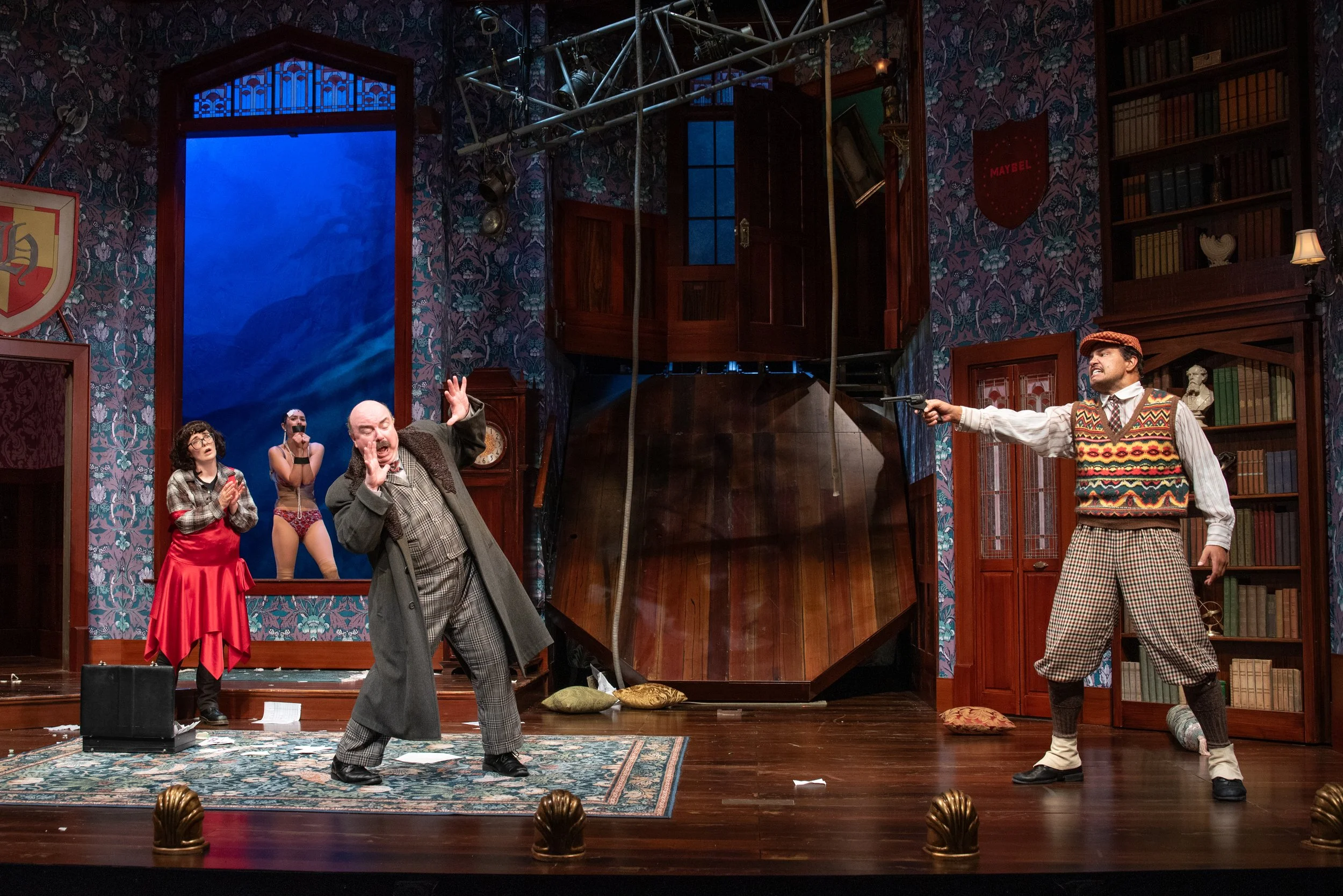 Members of the Cast of The Play That Goes Wrong (2025) at Seattle Rep. Photo by Bronwen Houck.