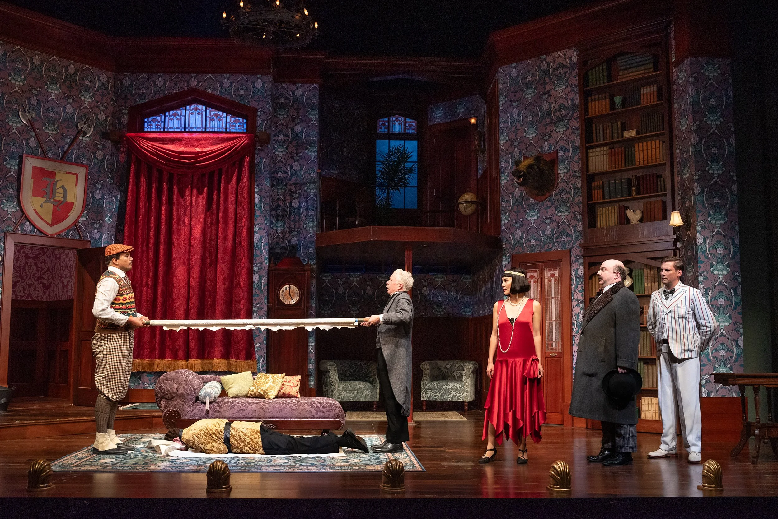 Members of the Cast of The Play That Goes Wrong (2025) at Seattle Rep. Photo by Bronwen Houck.