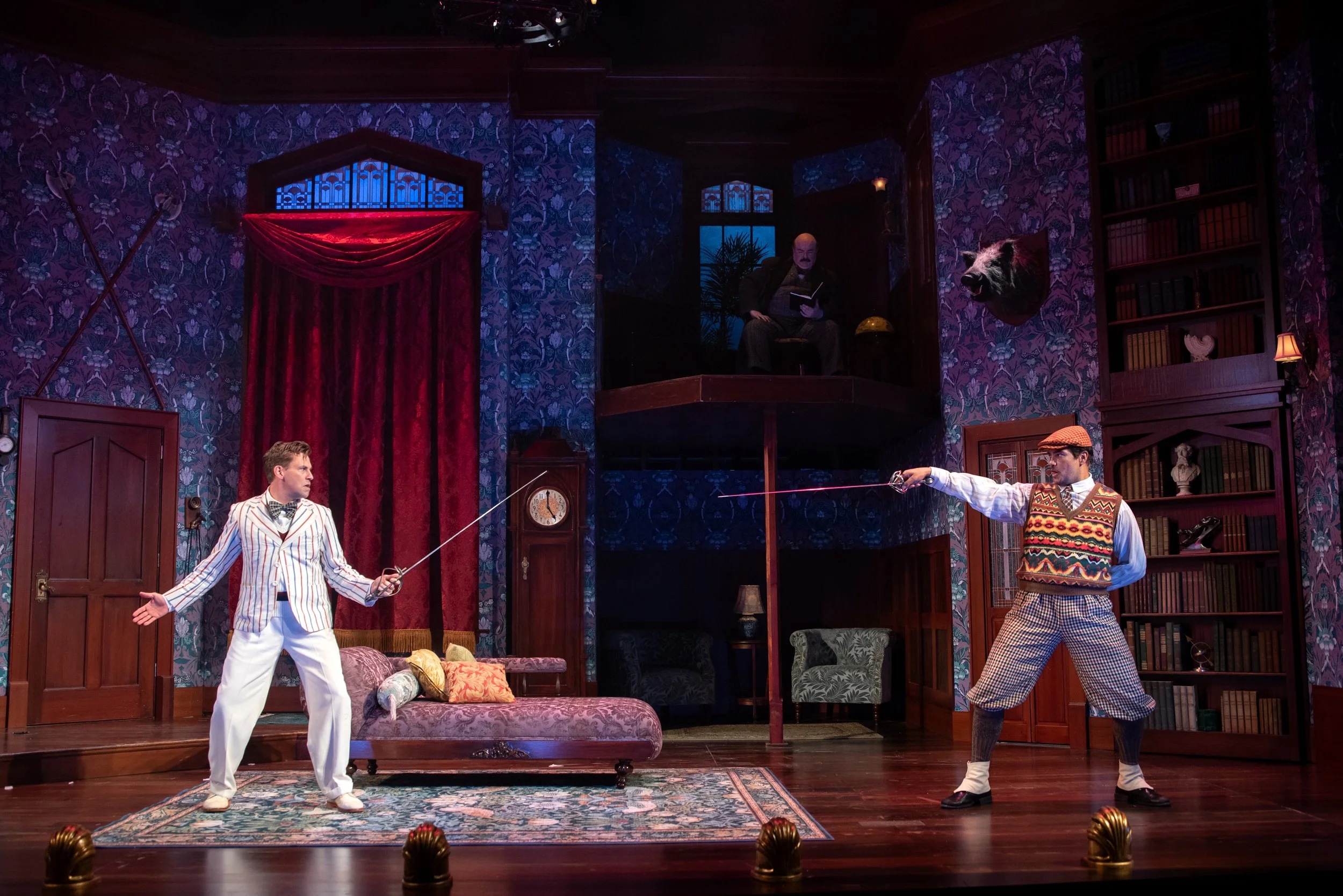 Chris Murray, Darius Pierce and Setareki in The Play That Goes Wrong (2025) at Seattle Rep. Photo by Bronwen Houck