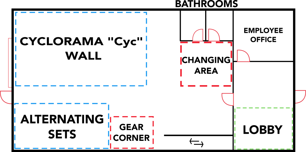 A floor plan of a building with rooms outlined in blue, red, and green, showing doorways and interior walls.