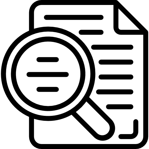 Magnifying glass over a document icon, indicating search or review