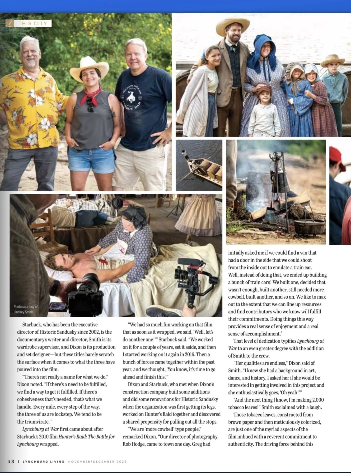 A collage of images from a film set or reenactment scene. The top left image shows three people outdoors, two men and a woman, smiling at the camera. The woman and one man are dressed casually, and the other man is wearing a Hawaiian shirt. To the ri