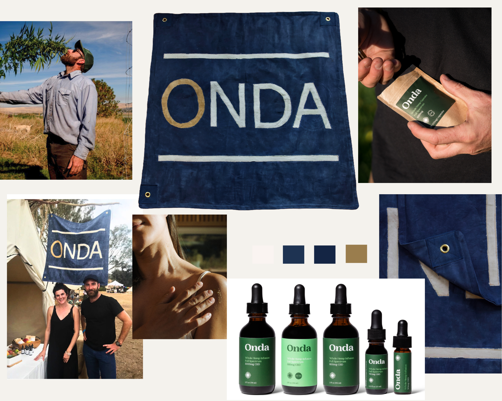 Collection of images promoting Onda CBD products, including a large blue Onda flag, bottles of CBD oil, a person holding a CBD product, a man gardening, a woman with a CBD product, and an outdoor scene with an Onda flag and people at a festival.