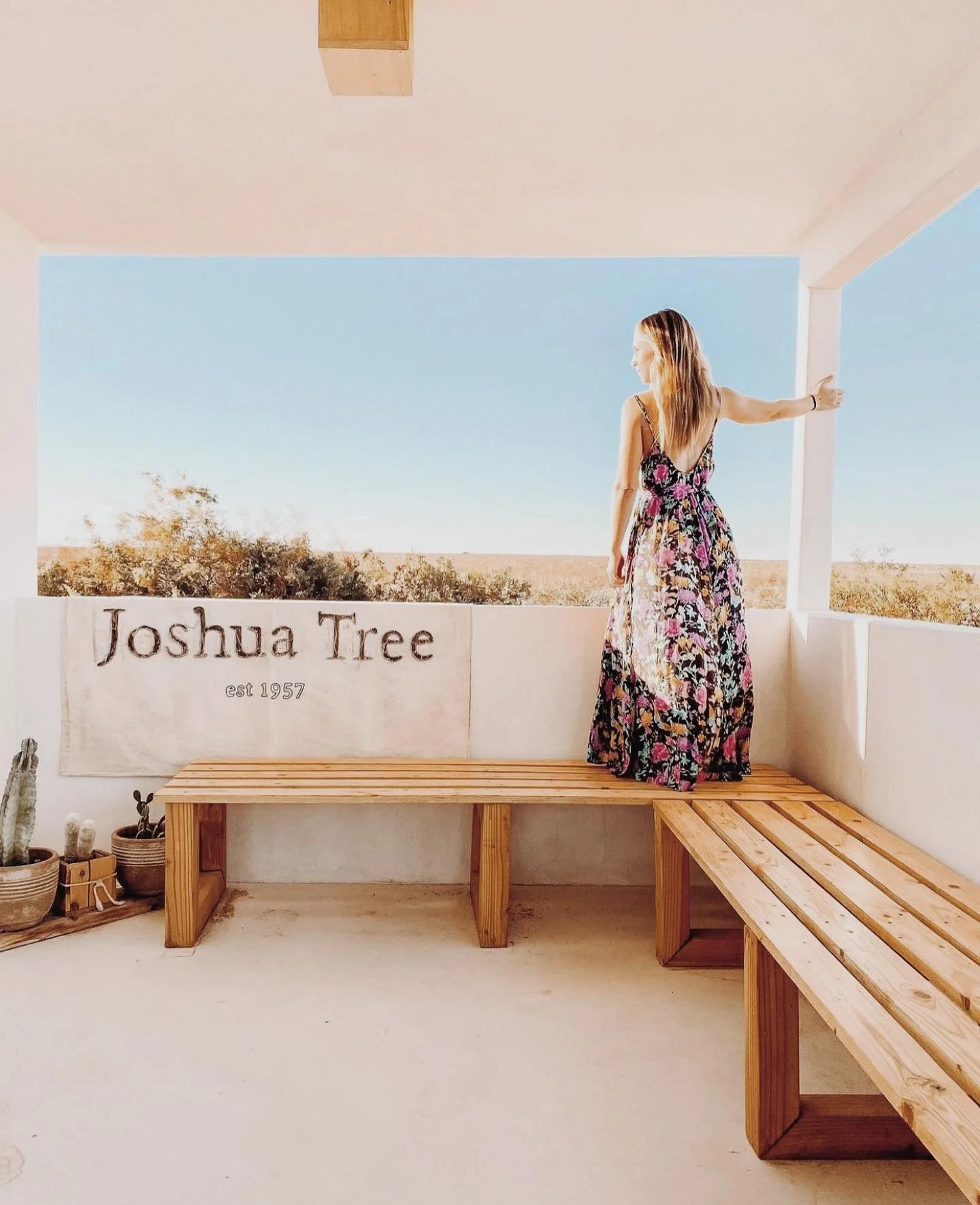 A woman in a floral dress standing on a wooden bench, looking out a large open window at a clear sky and landscape, with a Joshua Tree flag below the window.