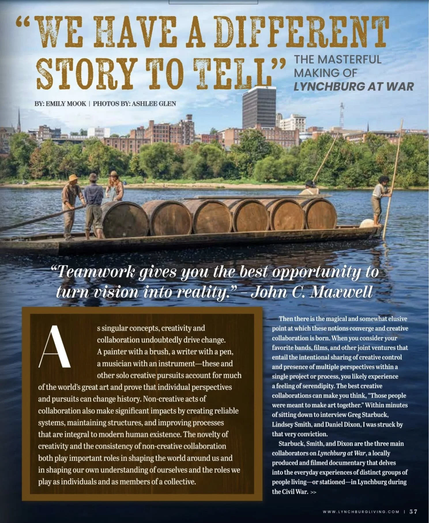 Page from a magazine or brochure with a title that reads 'We have a different story to tell' and a subtitle about the making of Lynchburg at war. The page features a quote about teamwork and collaboration, with a background image of people on a raft 