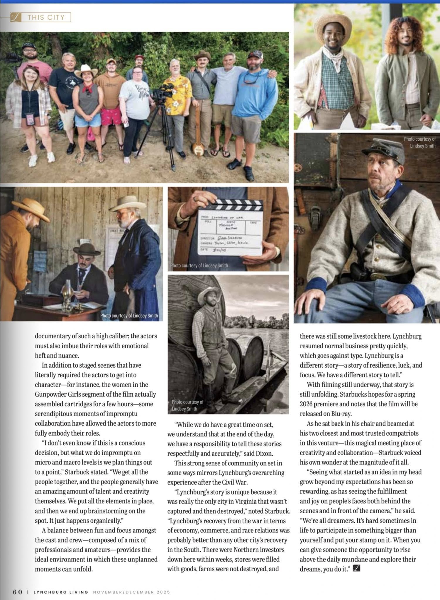 A collage of photographs from a documentary, including a group of people in nature, two men in vintage clothing and hats, a man sitting in a wooden room, and a man standing outdoors leaning on barrels, with some wearing Civil War-era costumes.