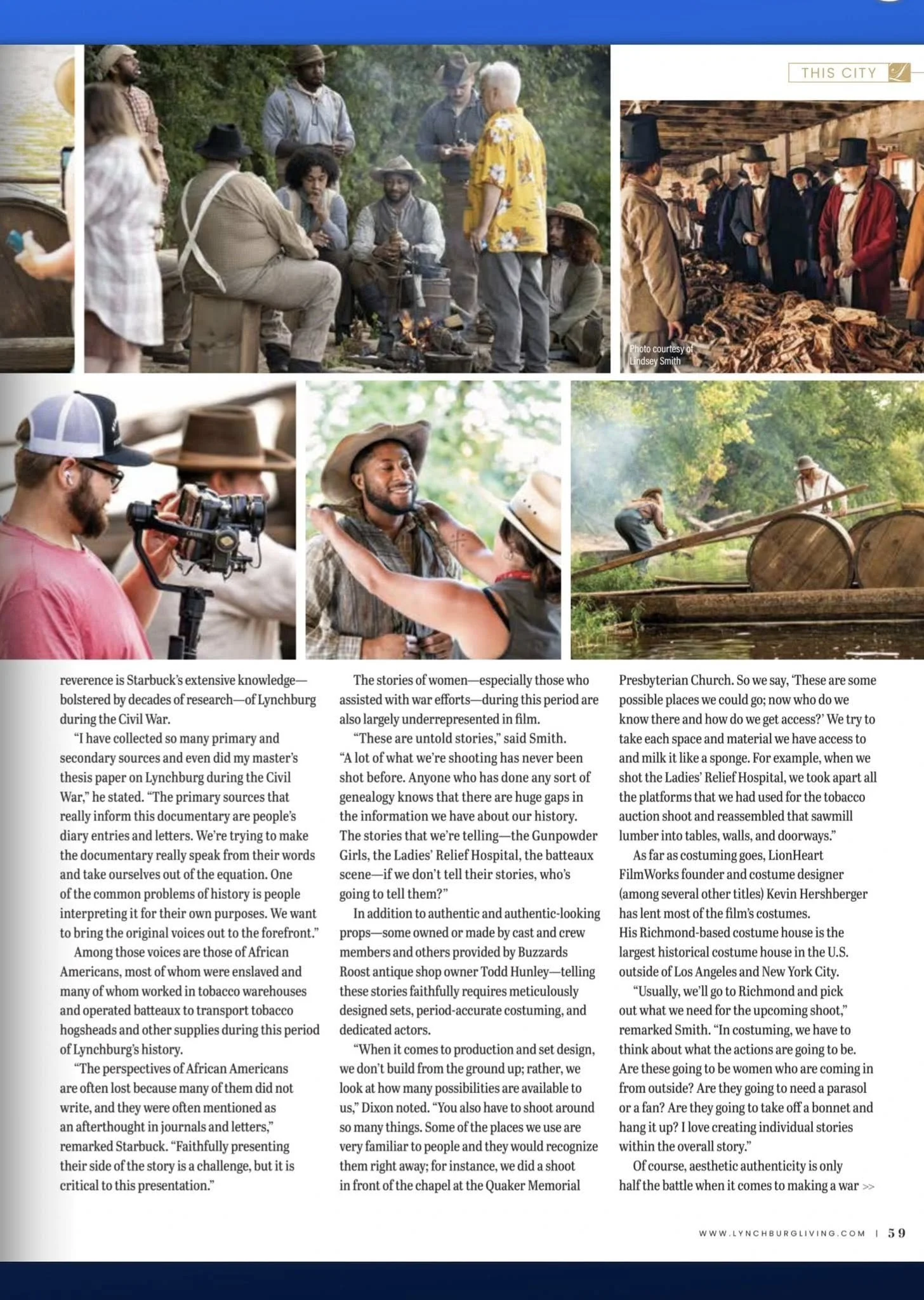 A collage of photographs shows groups of people in historical costumes, involved in activities such as storytelling, filming, and reenactments, related to Civil War era and African American history, including scenes by a river, at a market, and outdo