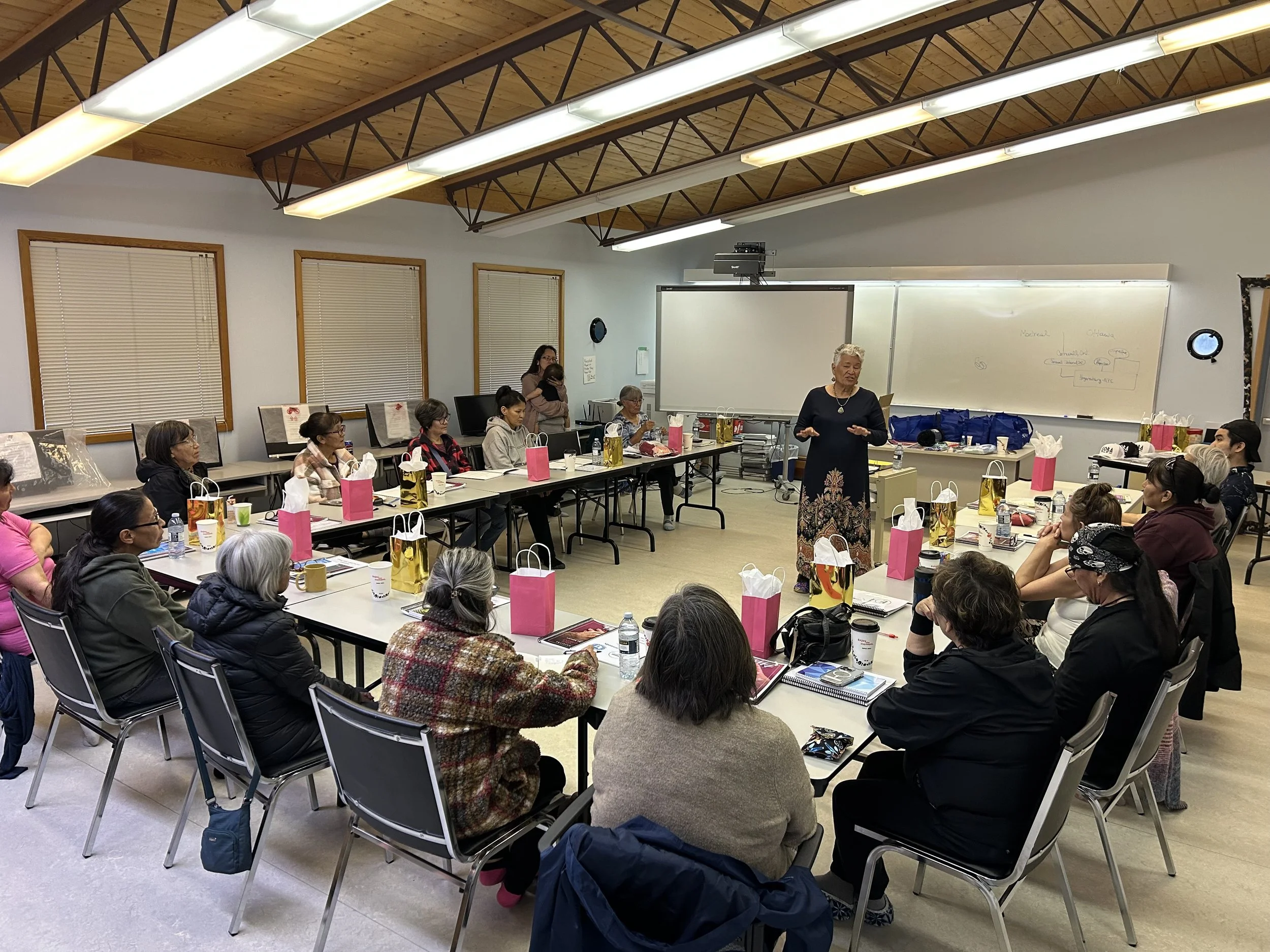 Mohawk community death doula trainer speaks to a room full of aspiring doulas