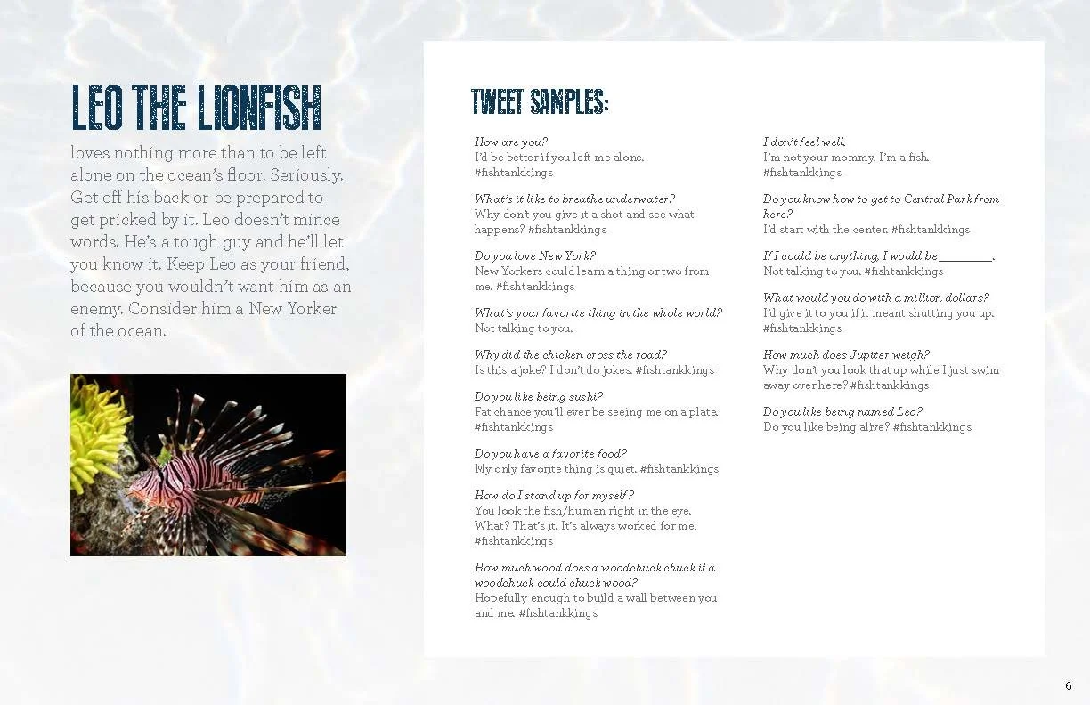 A webpage about Leo the lionfish, with a brief description, a picture of a lionfish, and a section of tweet samples related to the lionfish.