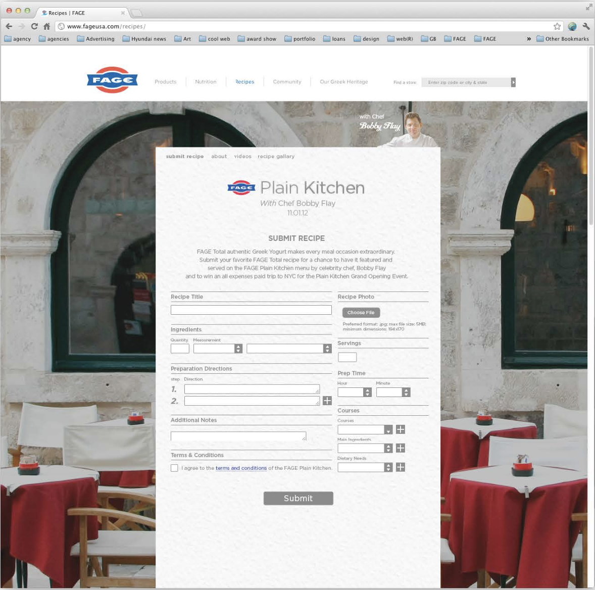 A web page showing a recipe submission form for the FAGE Plain Kitchen with Chef Bobby Flay. The background has a restaurant interior with tables covered in red tablecloths and white chairs.