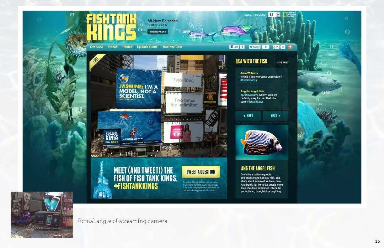 Screenshot of a website promoting Fish Tank Kings, featuring underwater-themed graphics, a cityscape with billboards, and a promotional section encouraging viewers to tweet questions about the show.