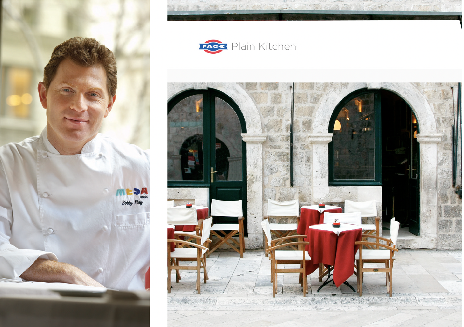 Portrait of a male chef wearing a white chef's coat with colorful logo and the name Bobby Flay, smiling, in an outdoor restaurant patio with stone walls, arched windows, and red tablecloths on tables with chairs.