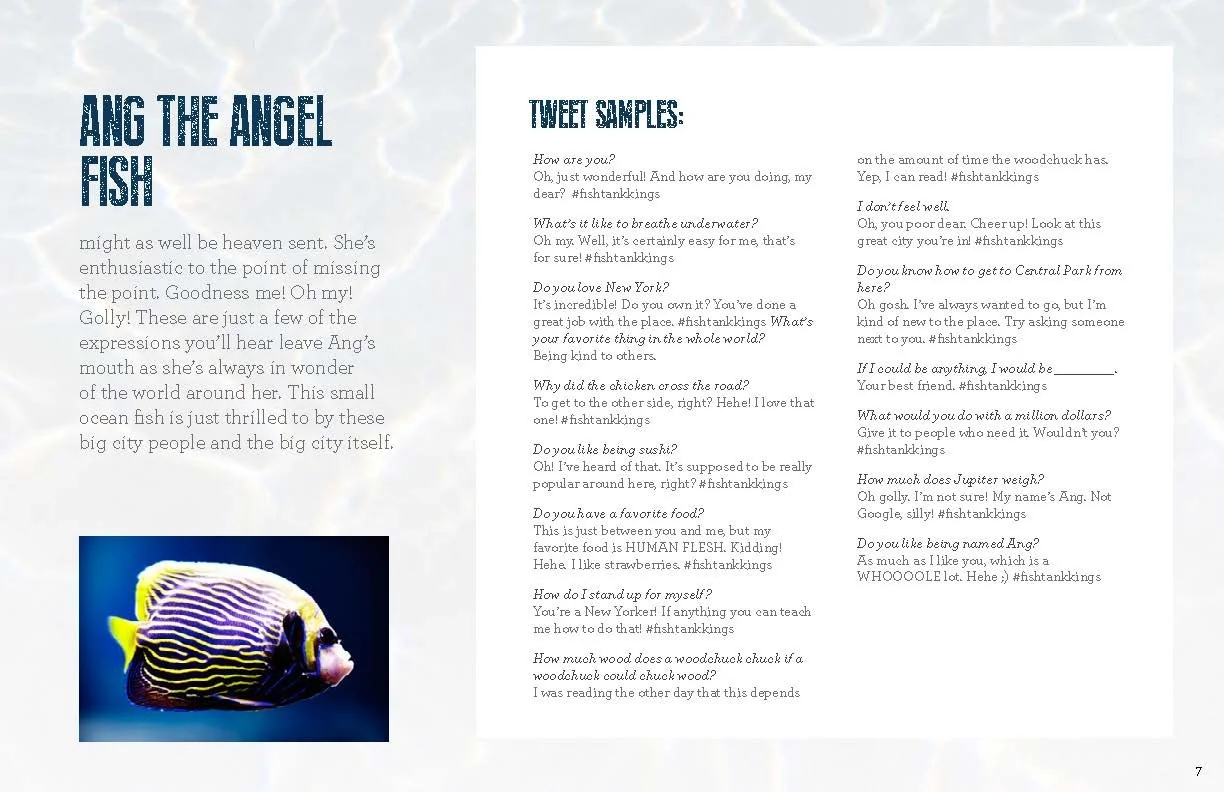 A colorful angelfish swimming underwater with a yellow tail and striped body, accompanied by a page of text with a title 'Ang the Angel Fish' and a section titled 'Tweet Samples'.