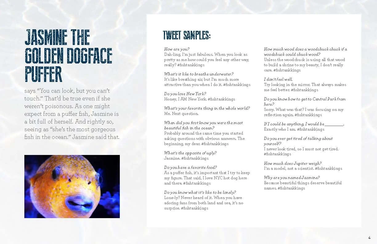 A page featuring Jasmine the Golden Dogface Puffer, with a quote about her being the most gorgeous fish in the ocean and a close-up photo of a puffer fish. The page includes a series of questions and answers about her personality and preferences, presented in a Q&A format, on a light background with a soft, water-like pattern.