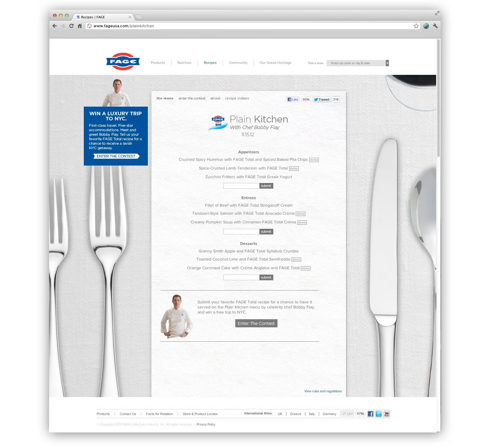 Screenshot of a webpage featuring a recipe menu from the FAGE Plain Kitchen website, with sections for appetizers, entrees, and desserts, and large cutlery images on the sides.
