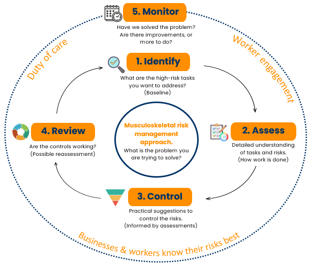 Image of the musculoskeletal risk management approach used by ProErgo+ outlining each of the key steps: Define the problem, Identify, Assess, Control, Review, Monitor.