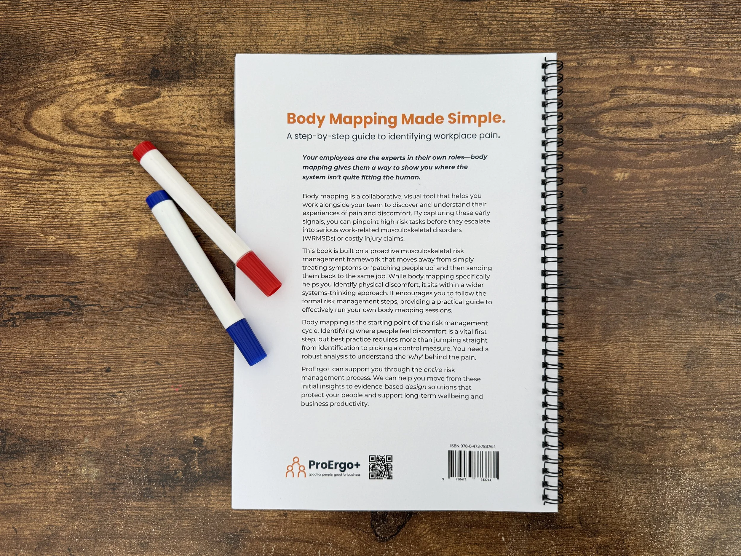 A4 Wire-bound ProErgo+ Body Mapping Guide showing the back cover