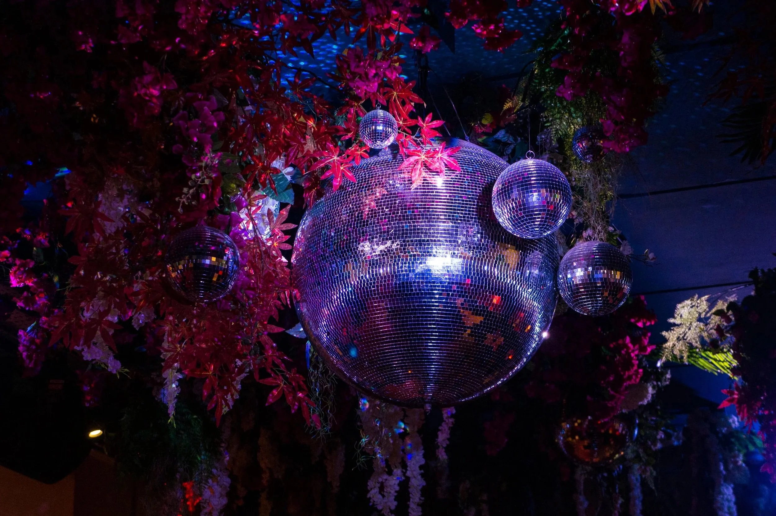 Disco balls hanging amidst pink and purple flowers with a dark night sky background.