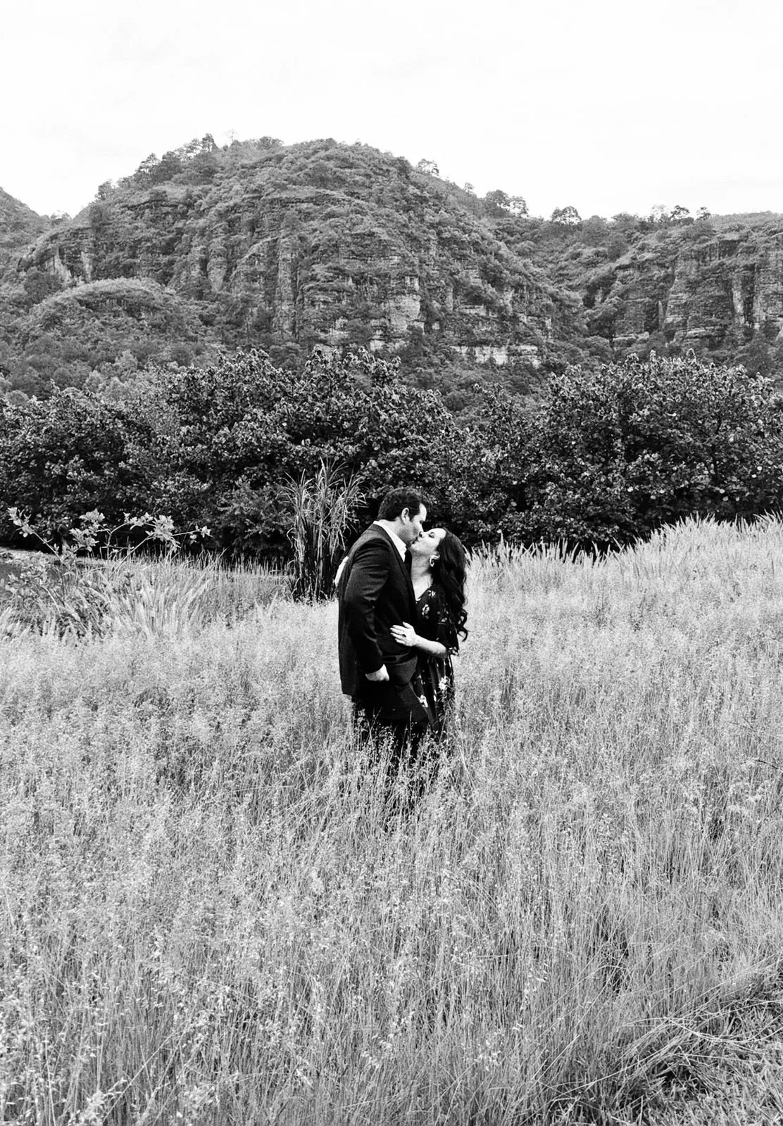 A couple in formal attire sharing a kiss in a grassy field with mountains and trees in the background.