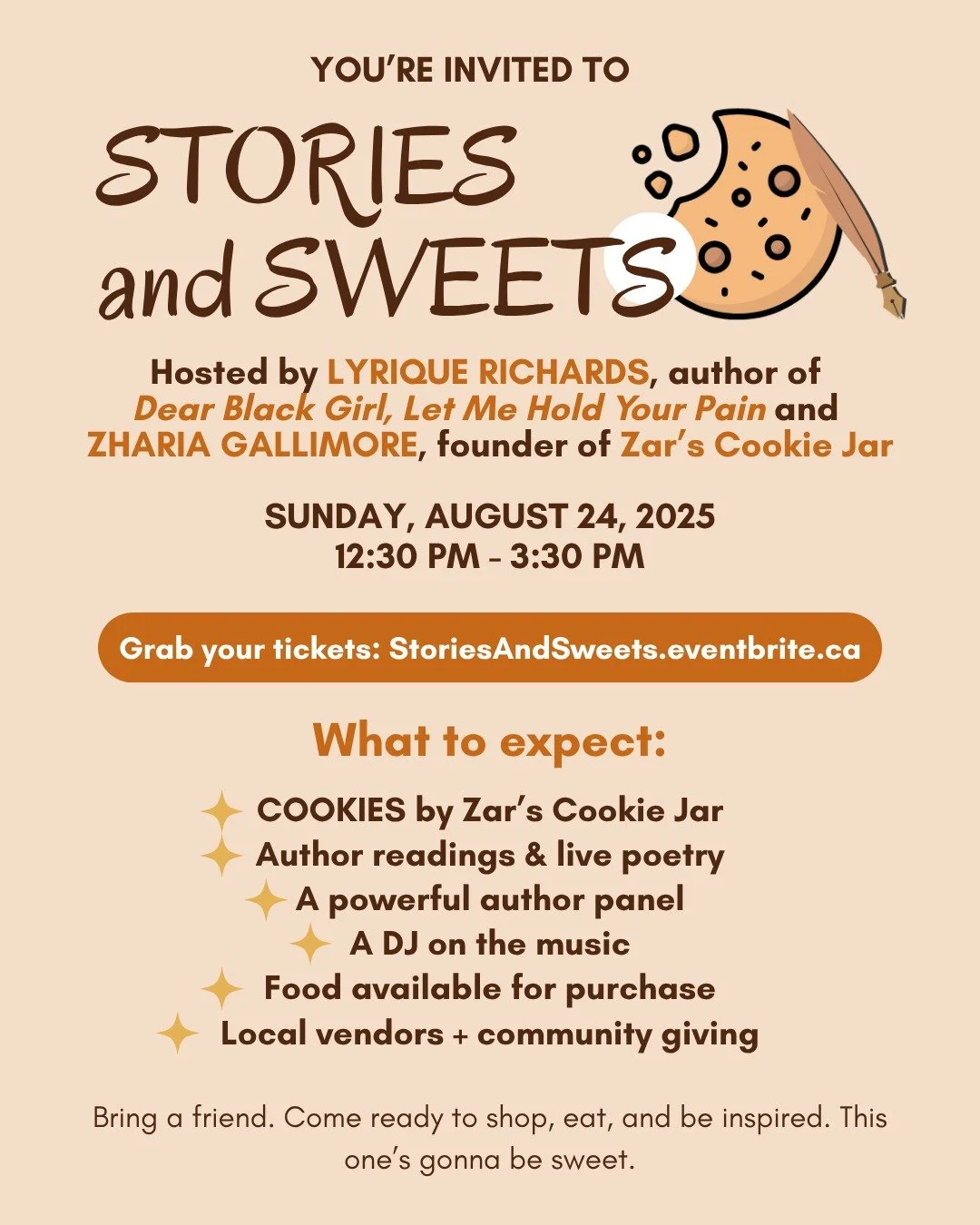 🍪📚🎶 You&rsquo;re Invited to the sweetest event of the summer!
Join me, @lyrique_richards, and @zarscookiejar for Stories and Sweets&mdash;an uplifting celebration of storytelling, culture, and community.

📅 Sunday, August 24, 2025
🕐 12:30 PM &nd