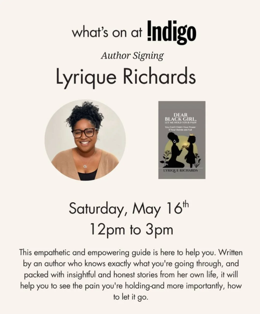 1 week away 🥹 Indigo Pincrest, here I come!

Seeing my name.
Holding my book.
Being part of something bigger than just a goal.

Now I get to say this out loud:

I&rsquo;m hosting my very own author signing.

Saturday, May 16
12 PM to 3 PM
Indigo Pin