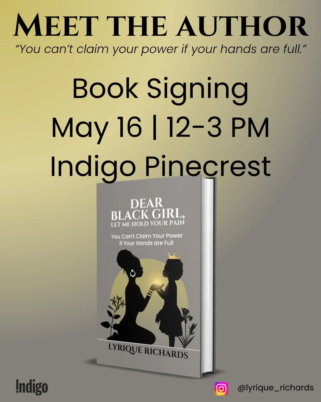 Book Signing 📖 ✍🏾 | May 16 @indigopinecrest 

Ottawa, my home 💕

Join me for a book signing at Indigo Pinecrest &mdash; I&rsquo;d love to meet you, talk, hug, and hear your story.

This isn&rsquo;t just a signing. It&rsquo;s a moment.

A chance to