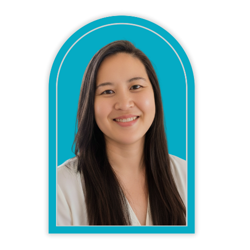 Joy's headshot photo framed in a teal arched box