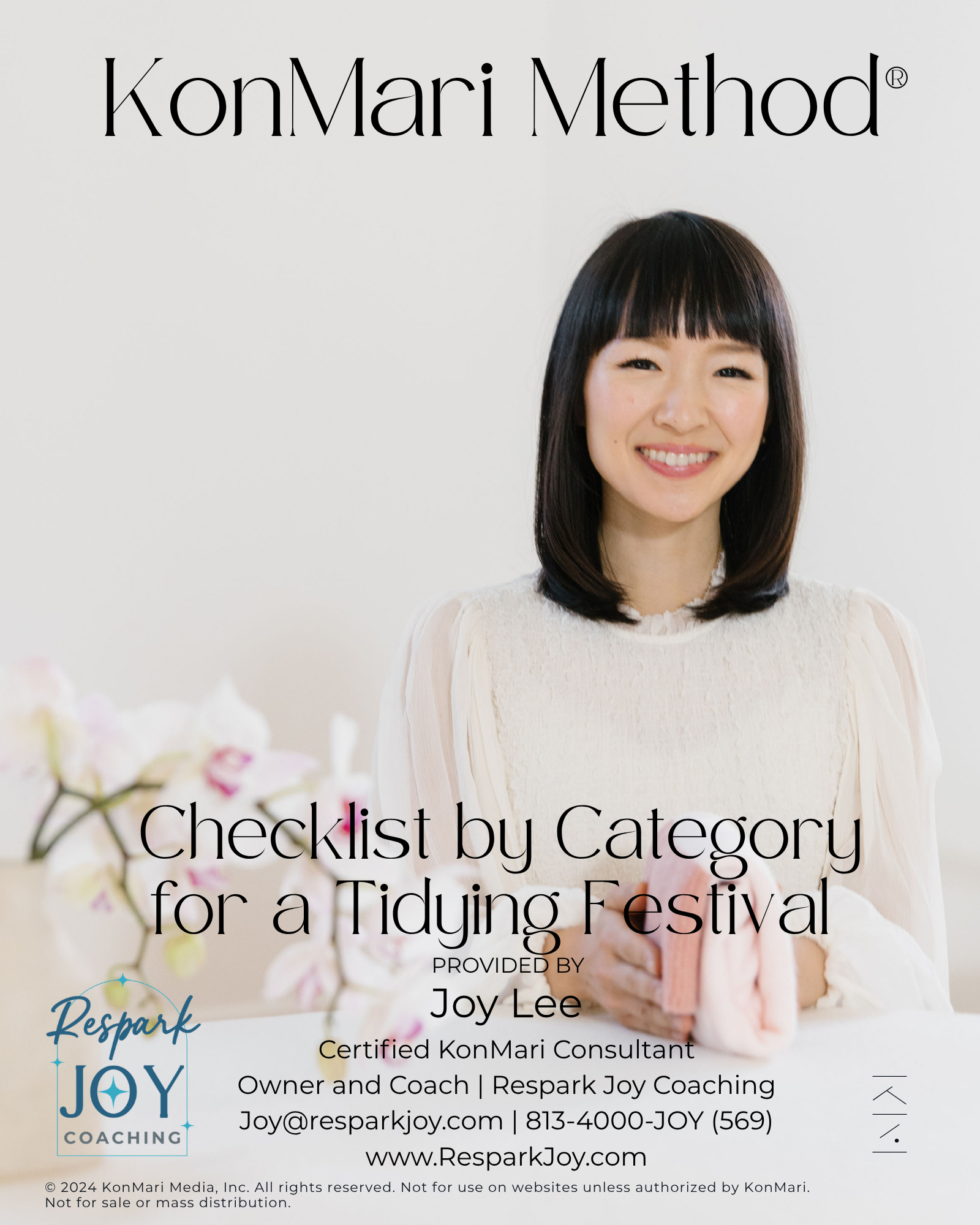 Cover page of a guide titled "Checklist by Category for a Tidying Festival" featuring a smiling woman with dark hair in a white top, partially visible flower arrangement, and contact information for Joy Lee, a certified KonMari consultant and owner of Respark Joy Coaching.