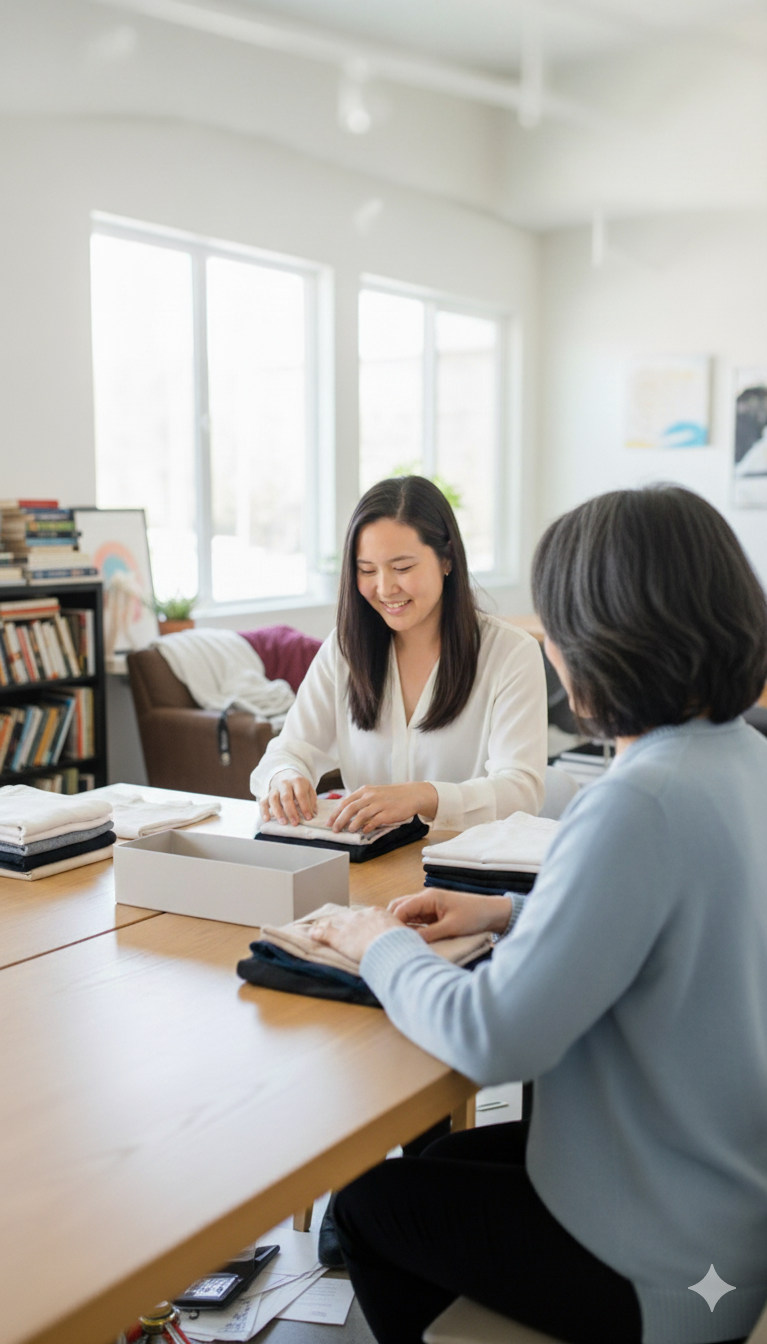 Picture of Joy folding clothes with a client in their home at a table
