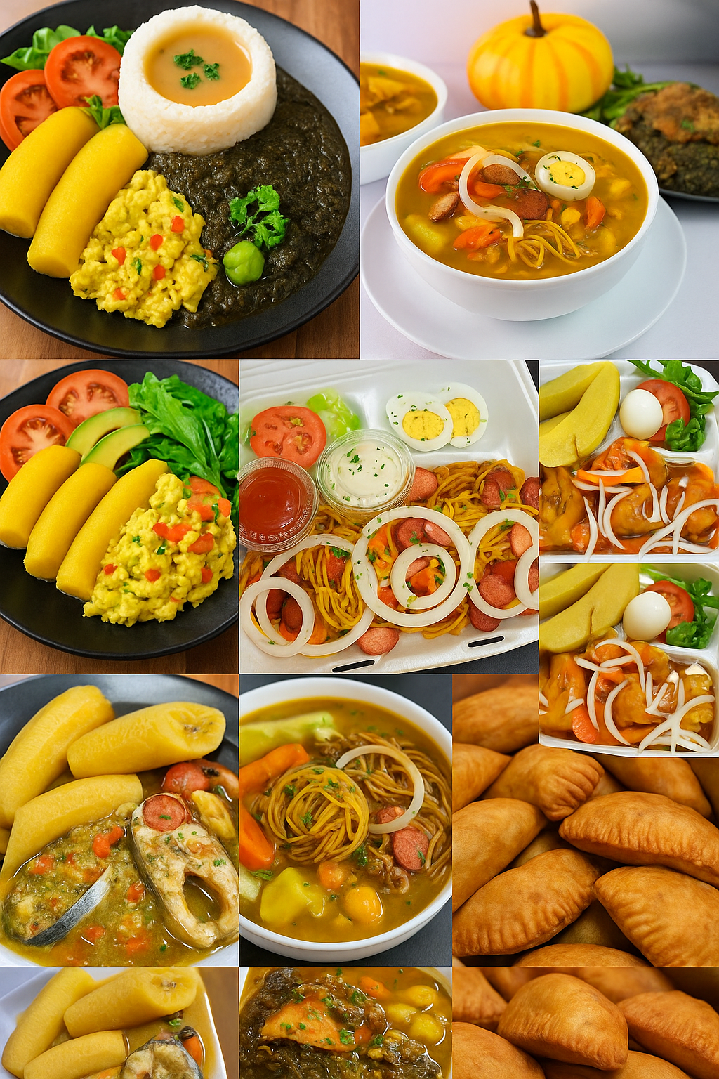 A variety of Filipino foods including pancit (noodles), lumpia (spring rolls), grilled meat, fried chicken, fresh fruits, and protein dishes, with some dishes garnished with vegetables and herbs.