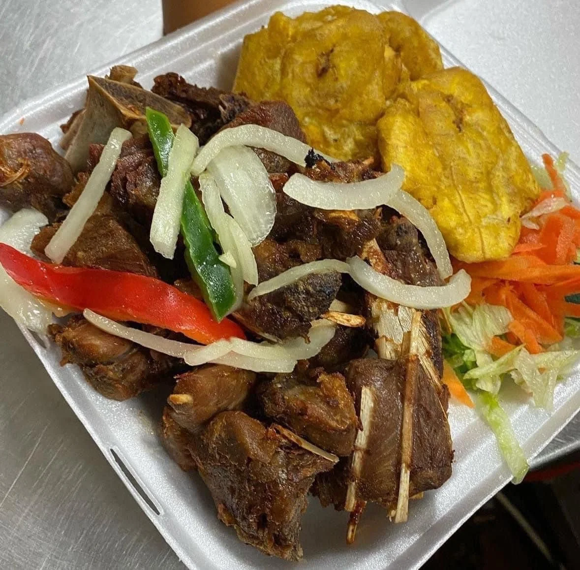 Haitian Fried Goat with Plantains and Veggies
