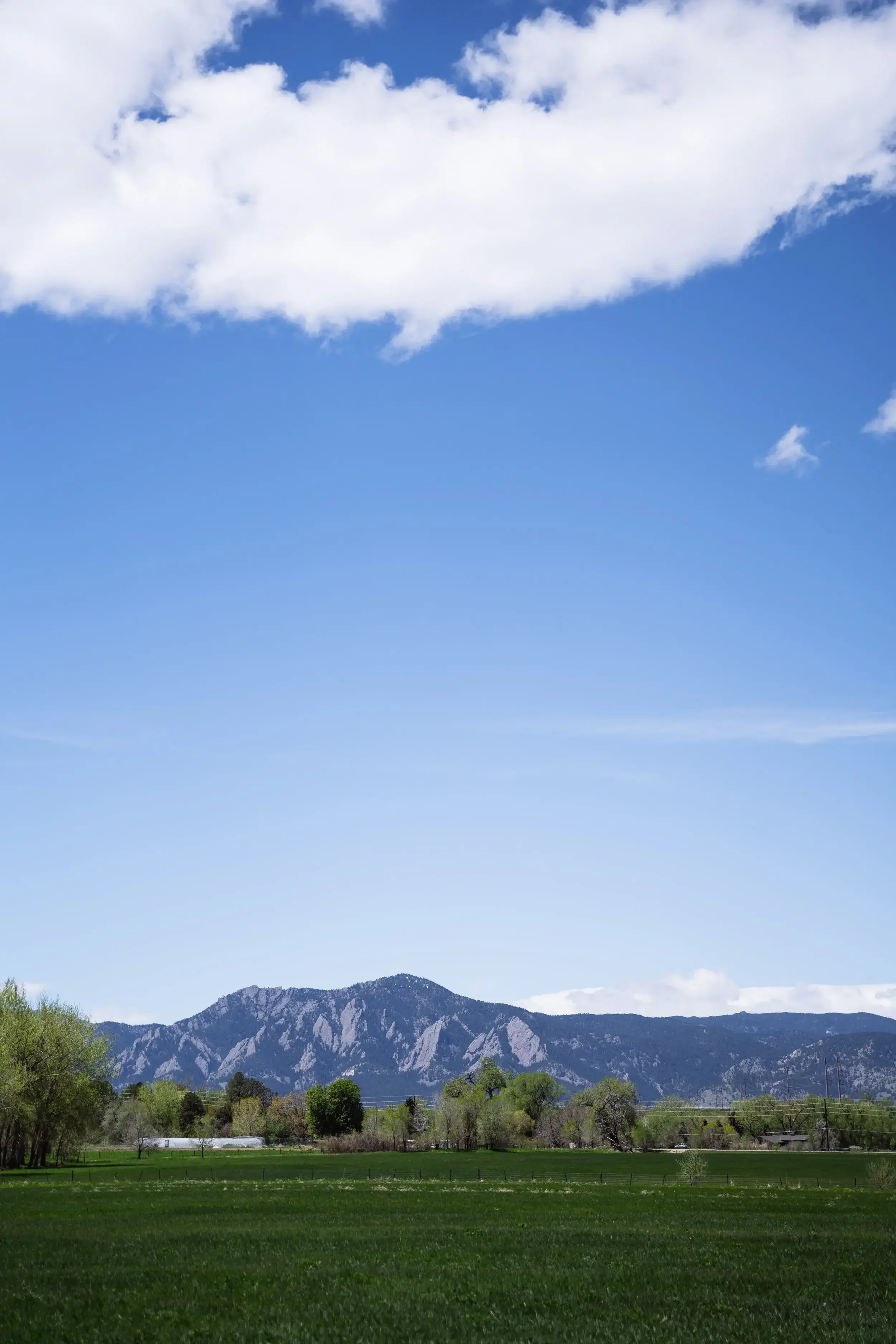 A landscape scene with a bright blue sky, a few white clouds, a mountain range in the distance, and green fields with scattered trees in the foreground.
