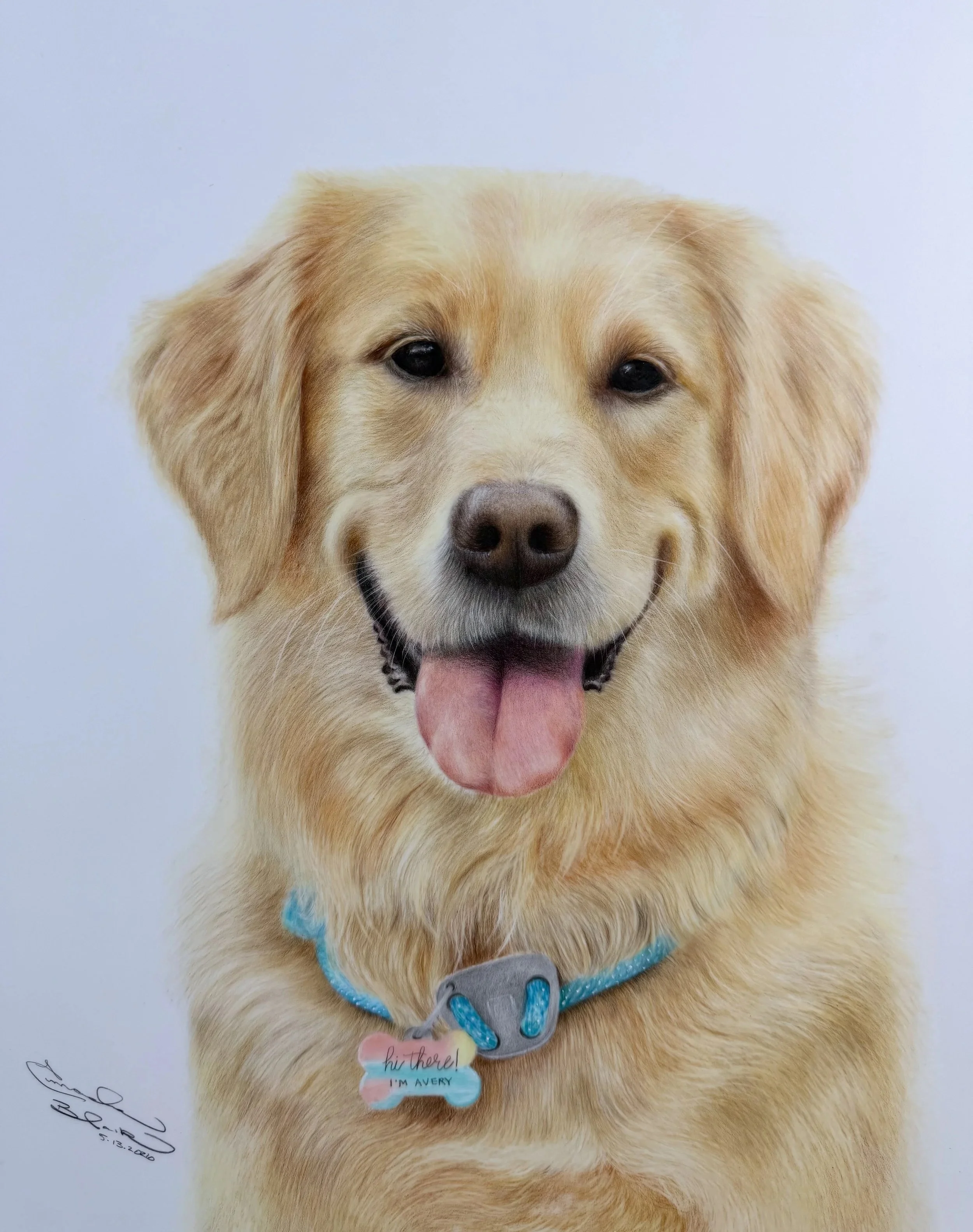 Colored pencil portrait of a happy golden retriever dog with its tongue out, wearing a blue collar with a bone-shaped tag that reads "Hi there! I'm Avery" against a plain white background.