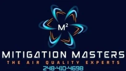 Logo for Mitigation Masters, The Air Quality Experts, with a black background and stylized blue and orange atom symbol surrounding 'M²'