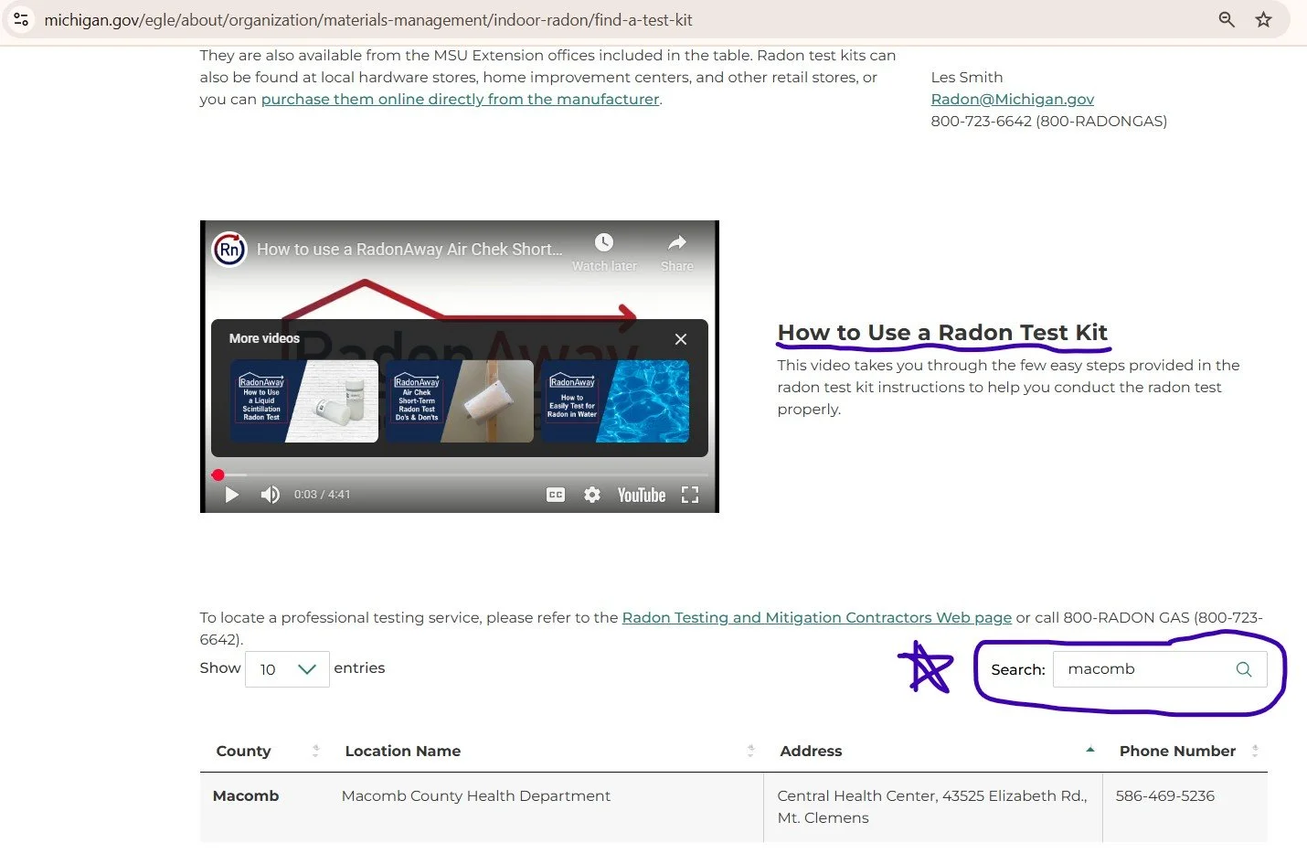 Screenshot of a webpage about radon testing, showing a video tutorial on how to use a radon test kit, a search box labeled 'Search', and a table with contact information for Macomb County Health Department.