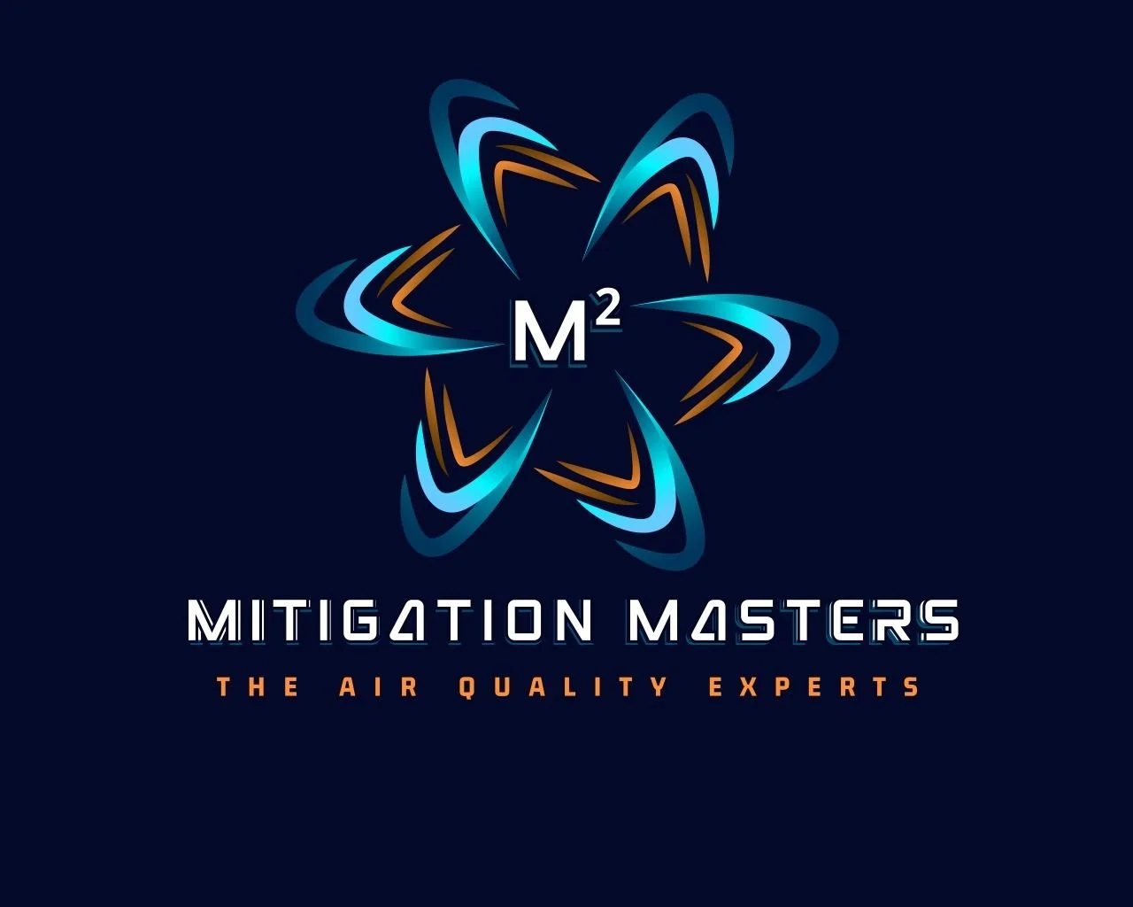 Logo for Mitigation Masters featuring a stylized atomic or molecular design with blue and orange accents, with the text 'M squared' in the center, and the tagline 'The Air Quality Experts' below.