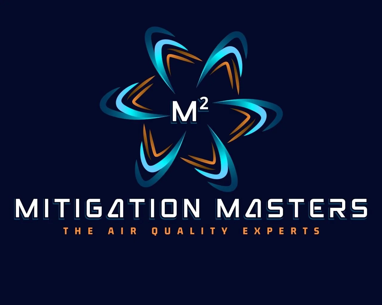 Logo for Mitigation Masters with a star-shaped design made of blue and orange swooshes, featuring the text 'M2' in the center and tagline 'The Air Quality Experts' at the bottom.