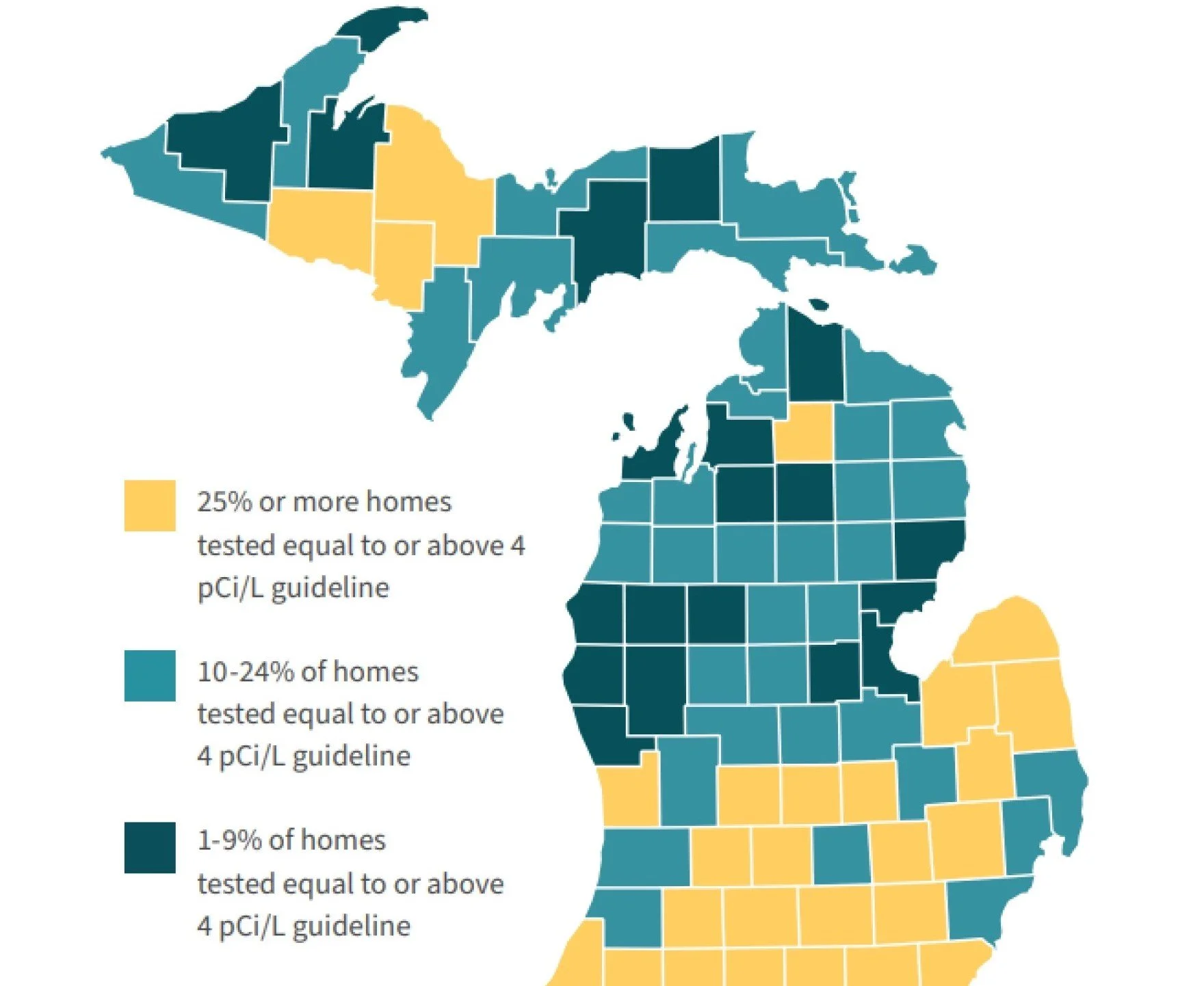 Michigan radon risk map showing percentage of homes tested at or above the EPA action level of 4 pCi/L