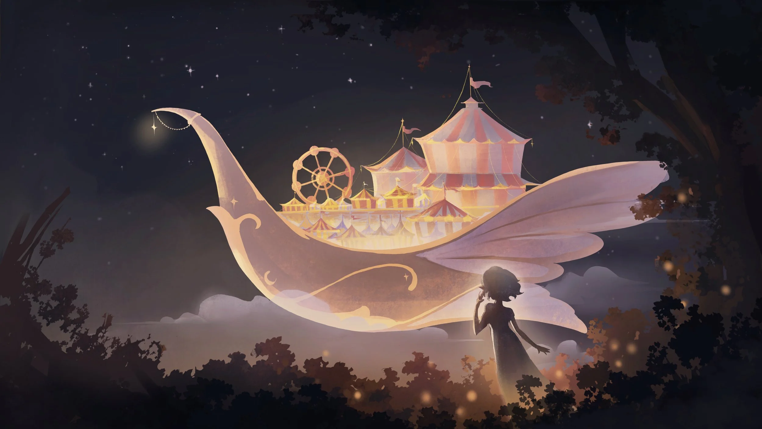 Cirque des Arcanes Establishing Shot - Astrum watches as a ship, flies past not by its giant swooping wings or the wind, but by Magic.