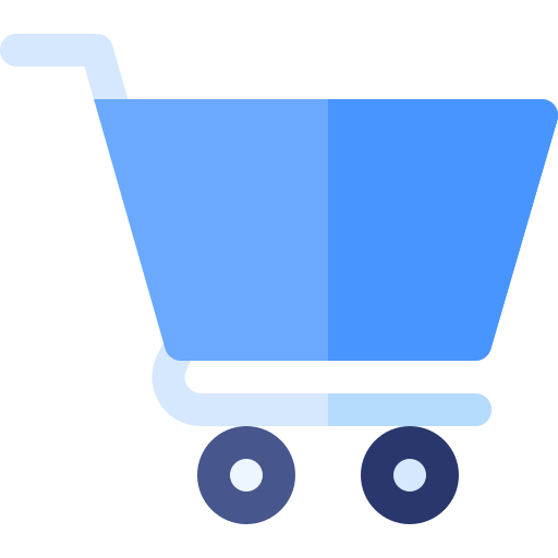 Simple illustration of a blue shopping cart with four wheels and a white handle.