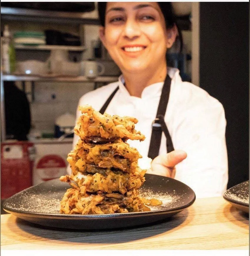 Manpreet Sekhon of Curry Queen, at Eastern Spice Geelong, preparing onion bhaji at the best Indian restaurant in Geelong
