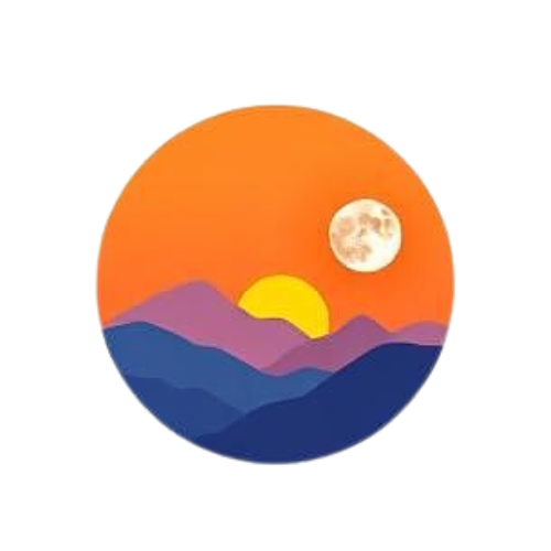 Orange background with various shades of blue and purple mountains. Setting sun with full moon rising.