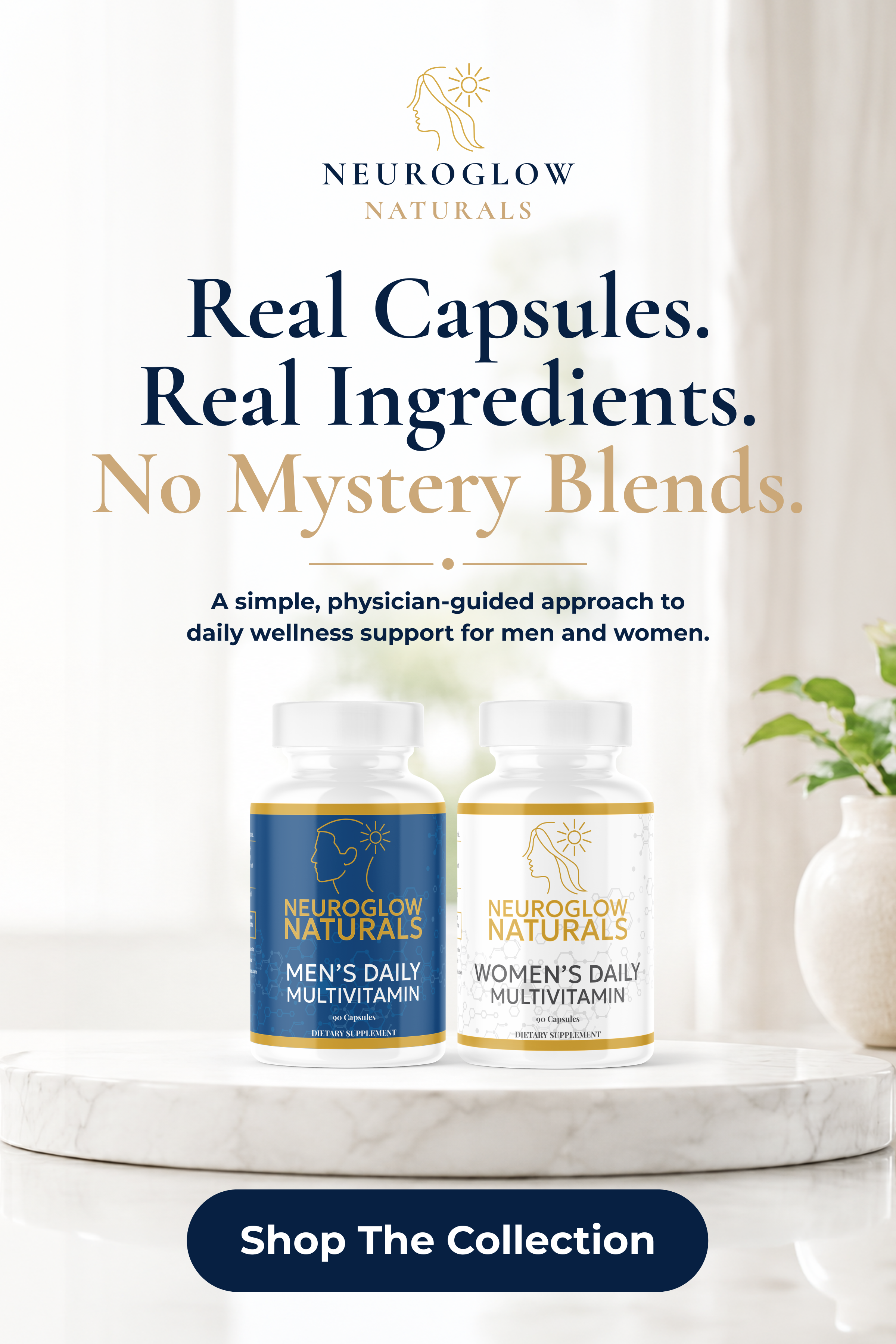 NeuroGlow Naturals Men’s Daily Multivitamin and Women’s Daily Multivitamin bottles
