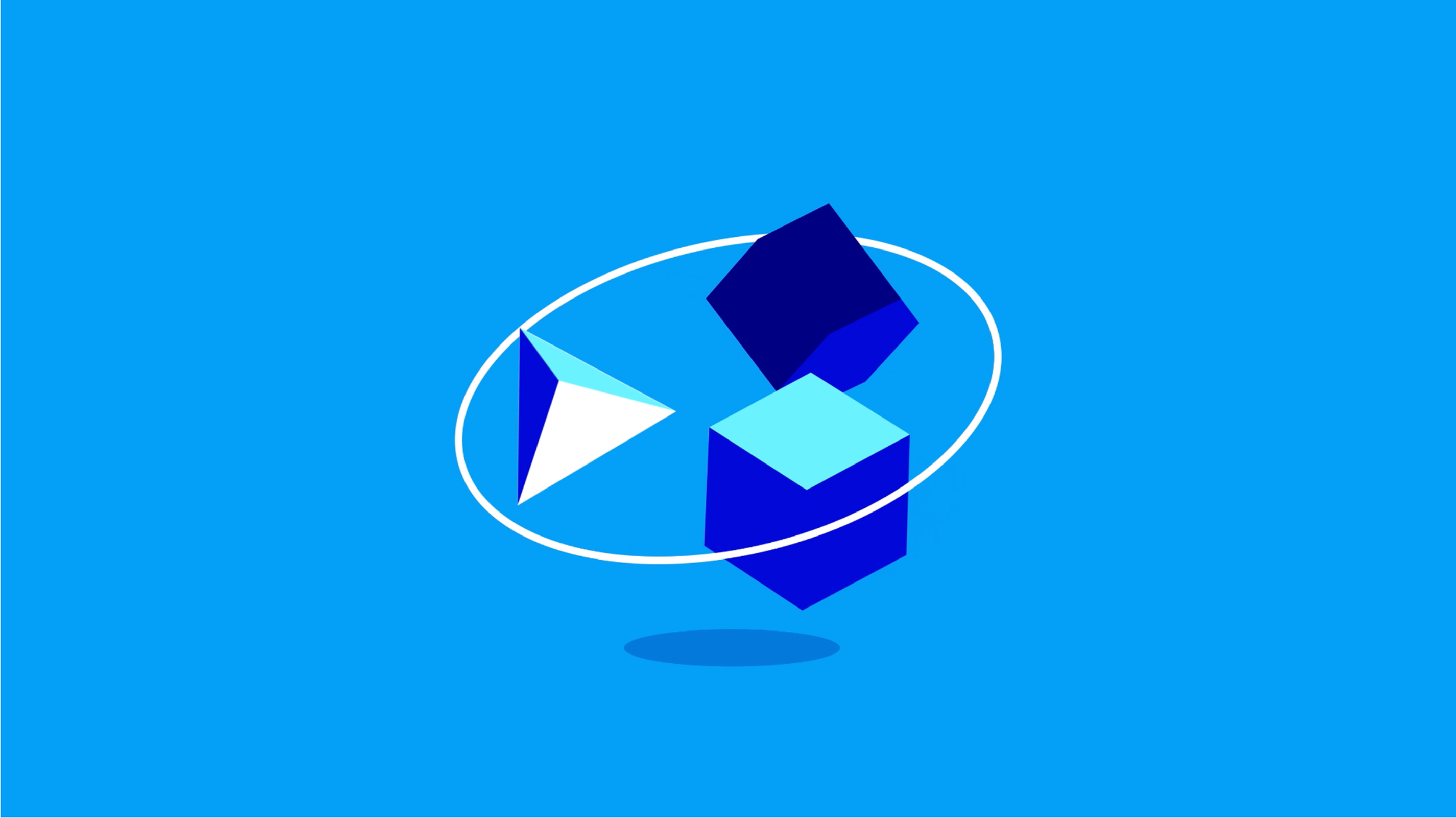 Abstract geometric shapes in blue with a white circle on a blue background.