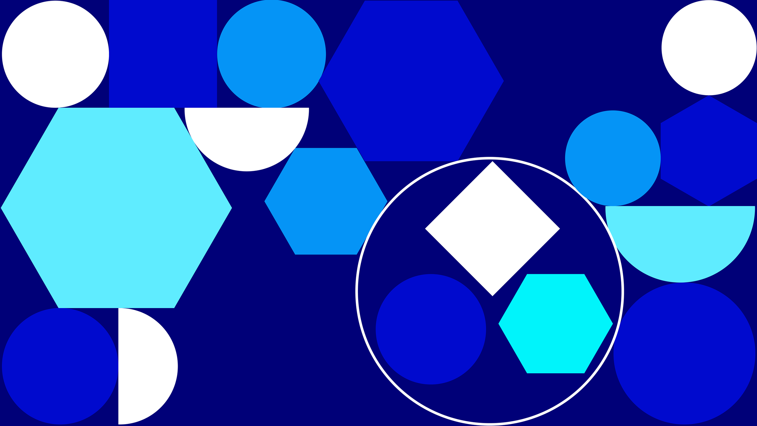 Abstract geometric shapes in blue and white, including circles, hexagons, half-circles, and squares on a dark blue background.