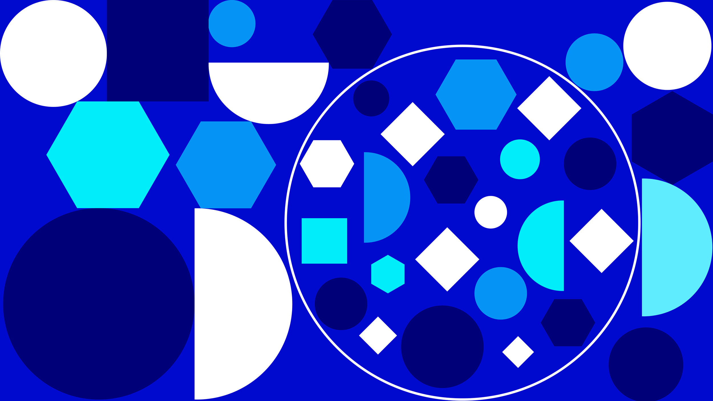 Abstract design with various blue and white geometric shapes including circles, hexagons, squares, and semi-circles on a dark blue background.