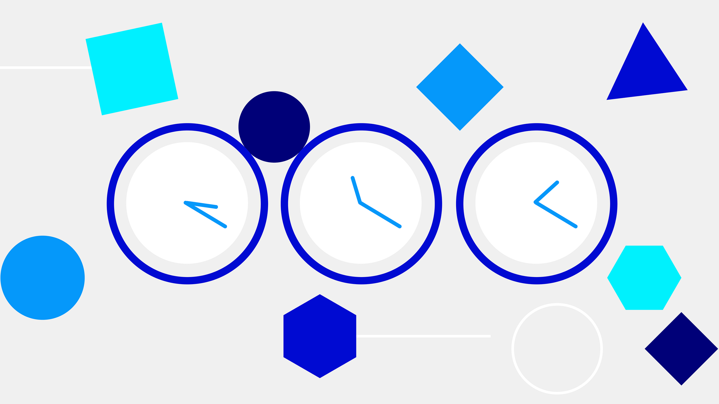 Abstract design with three clocks and geometric shapes in blue and turquoise on a light background.