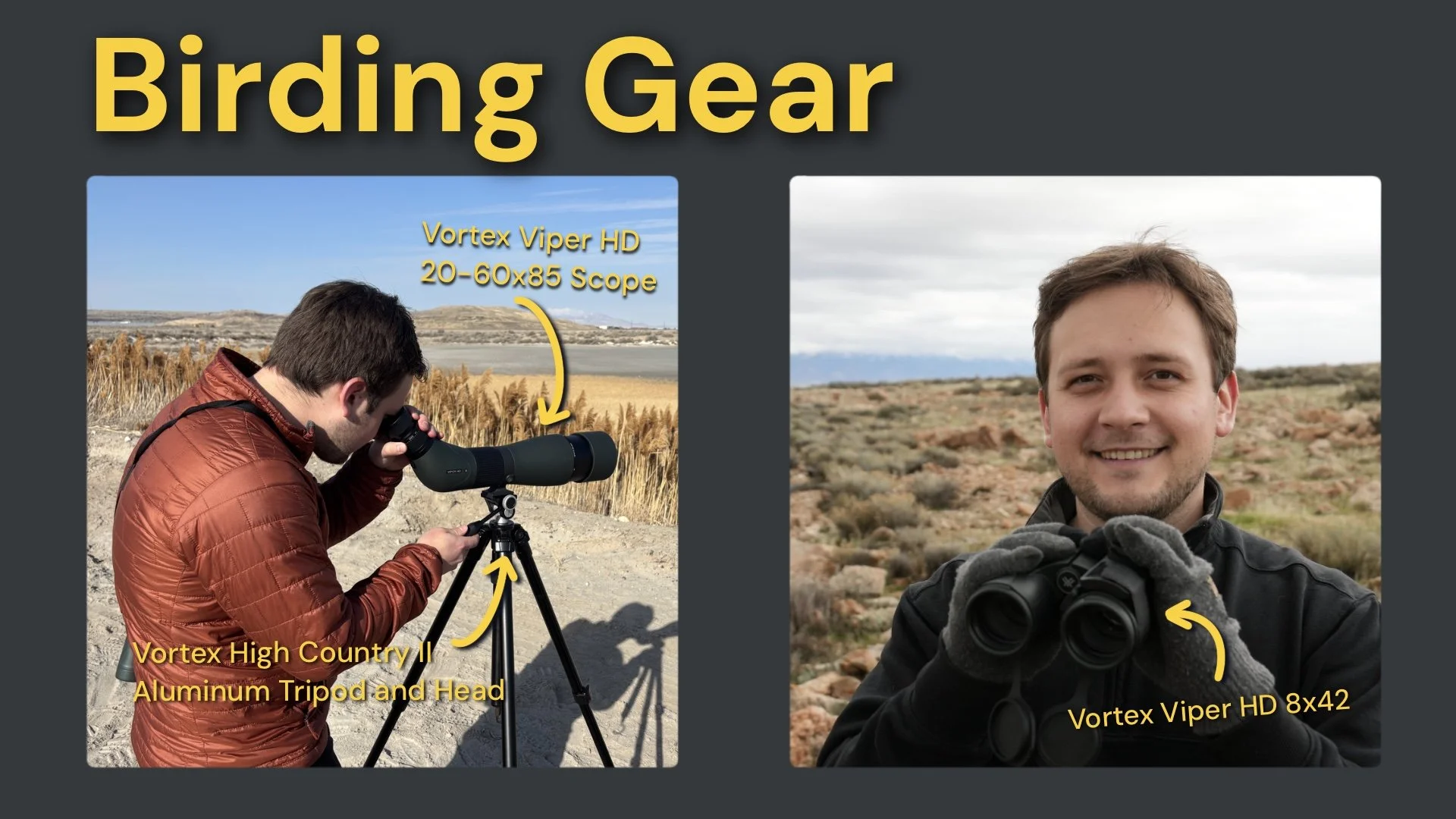 Cover image featuring birding gear used by Hawkin. Two images show a spotting scope on a tripod and Hawkin holding a pair of binoculars with product labels pointing to each piece of gear.